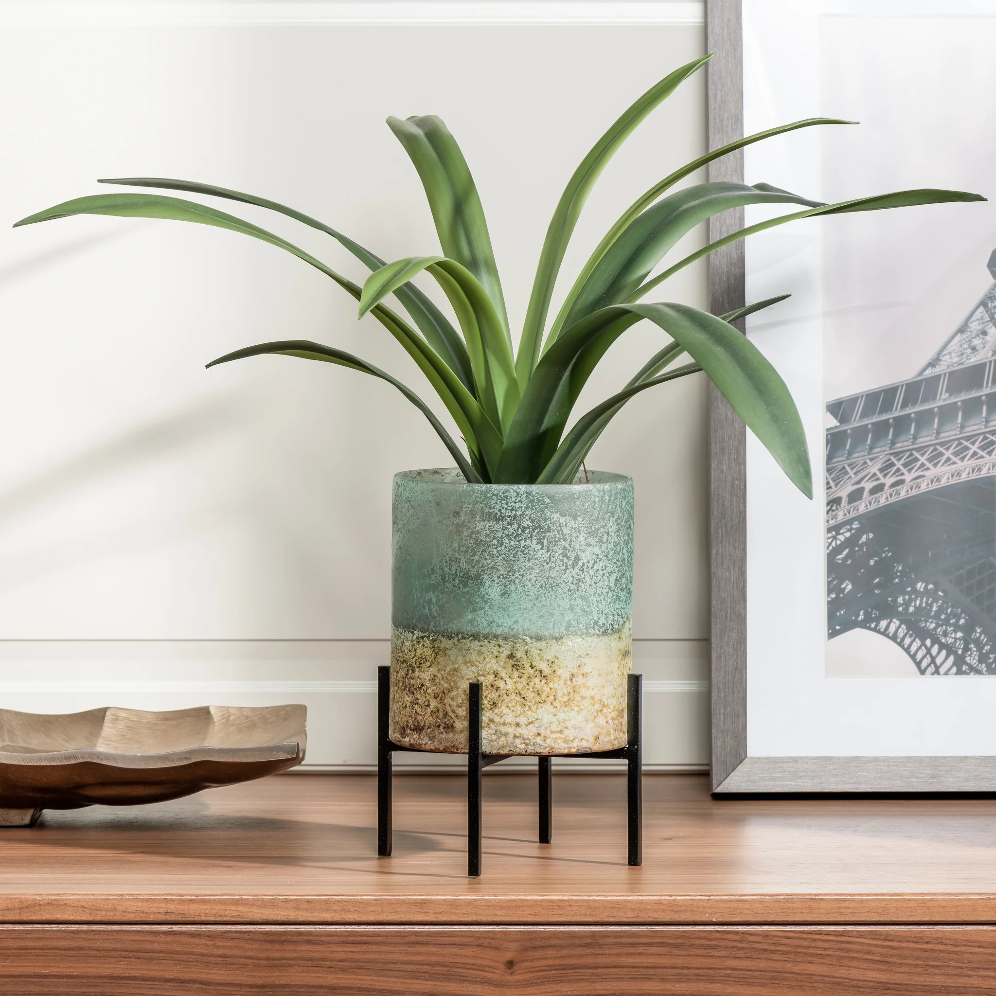 Cambria Etched Glass Vase on Stand Seagreen Large Modern Cottage Co.