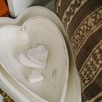 Wooden Heart Bowl L, Whitewash