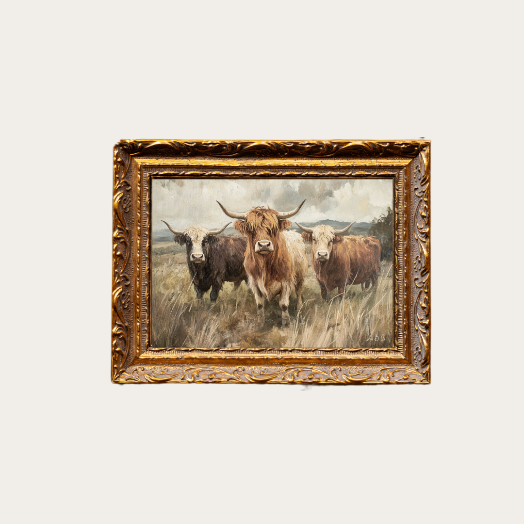 Highland Cow Herd | French Brass Gold Mould Framed Art