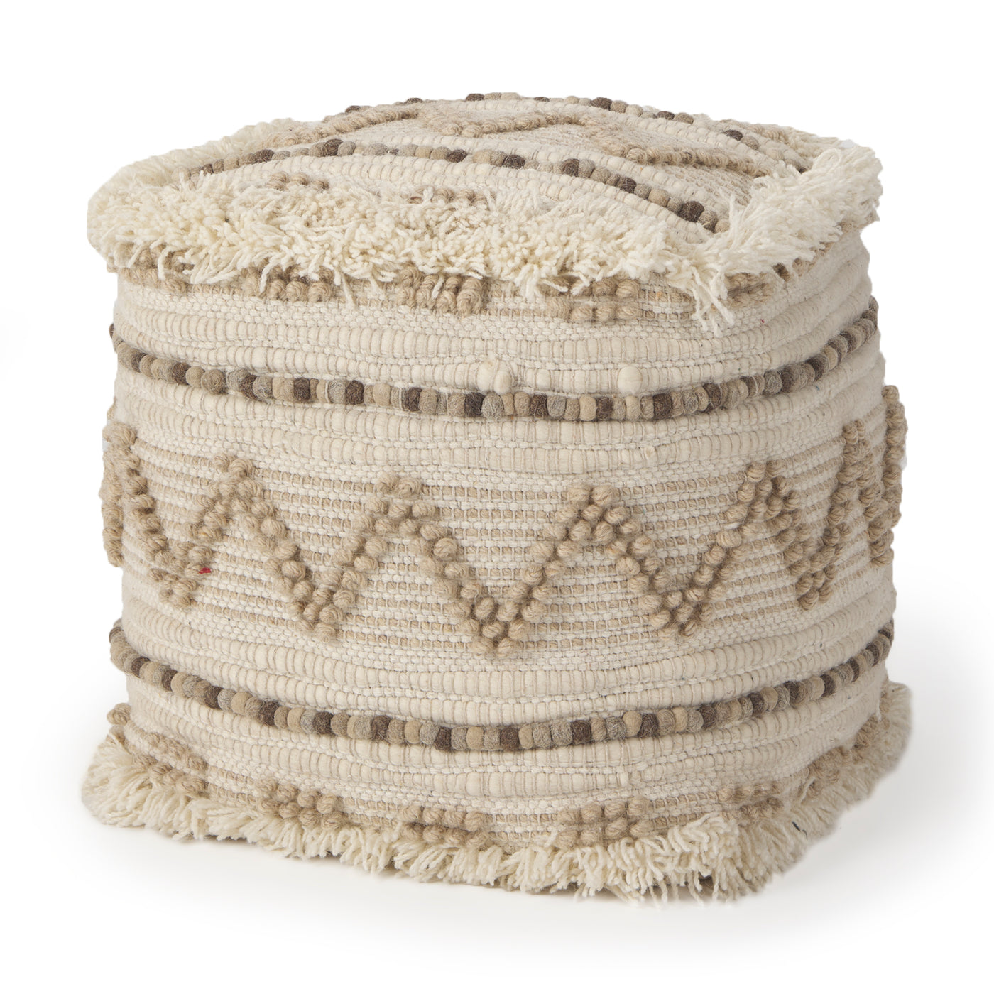 Caela Wool/Cotton/Felt Popcorn Stitch Pouf - Beige/Brown