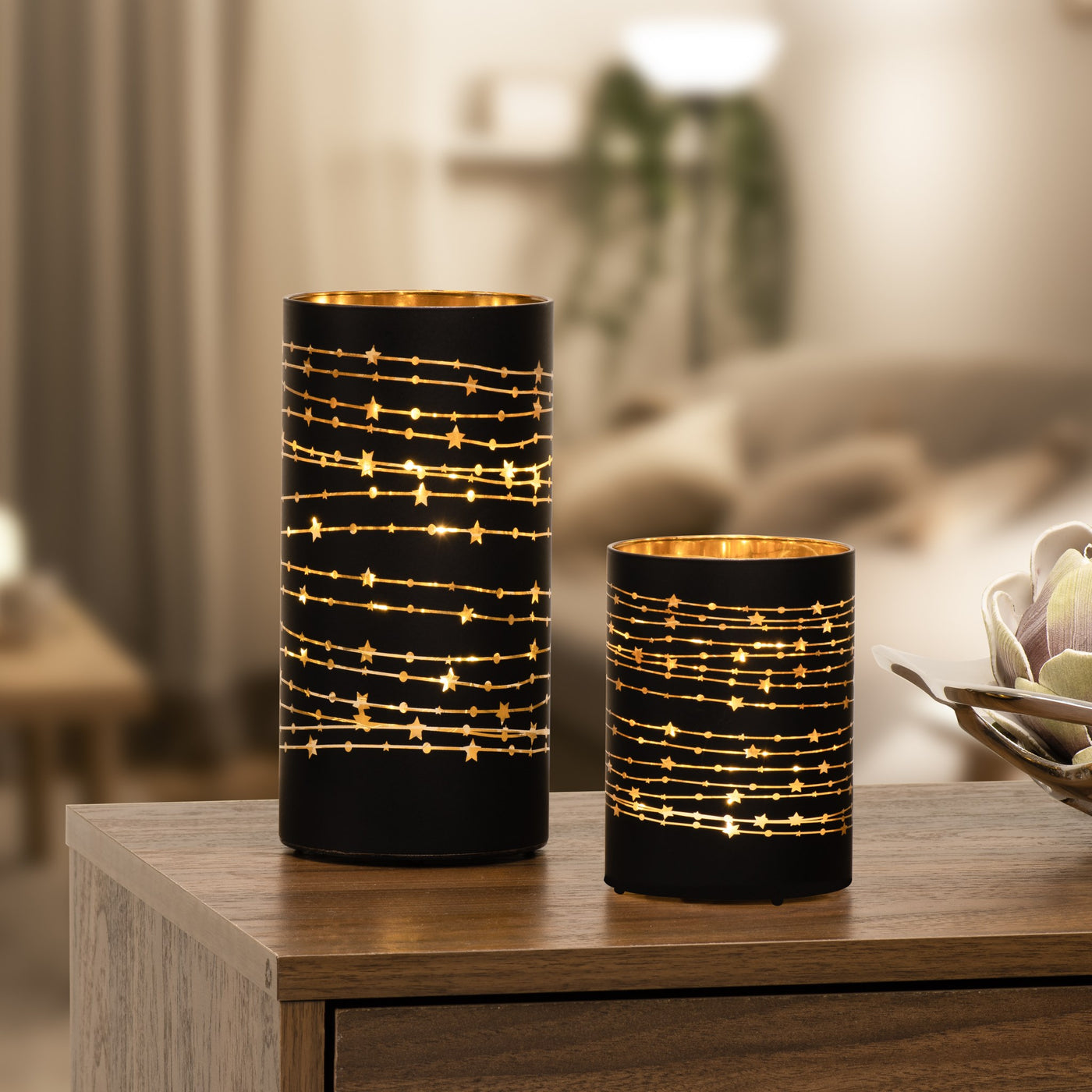 Silhouette Star Design Black Glass 4x8" LED Hurricane Lamp